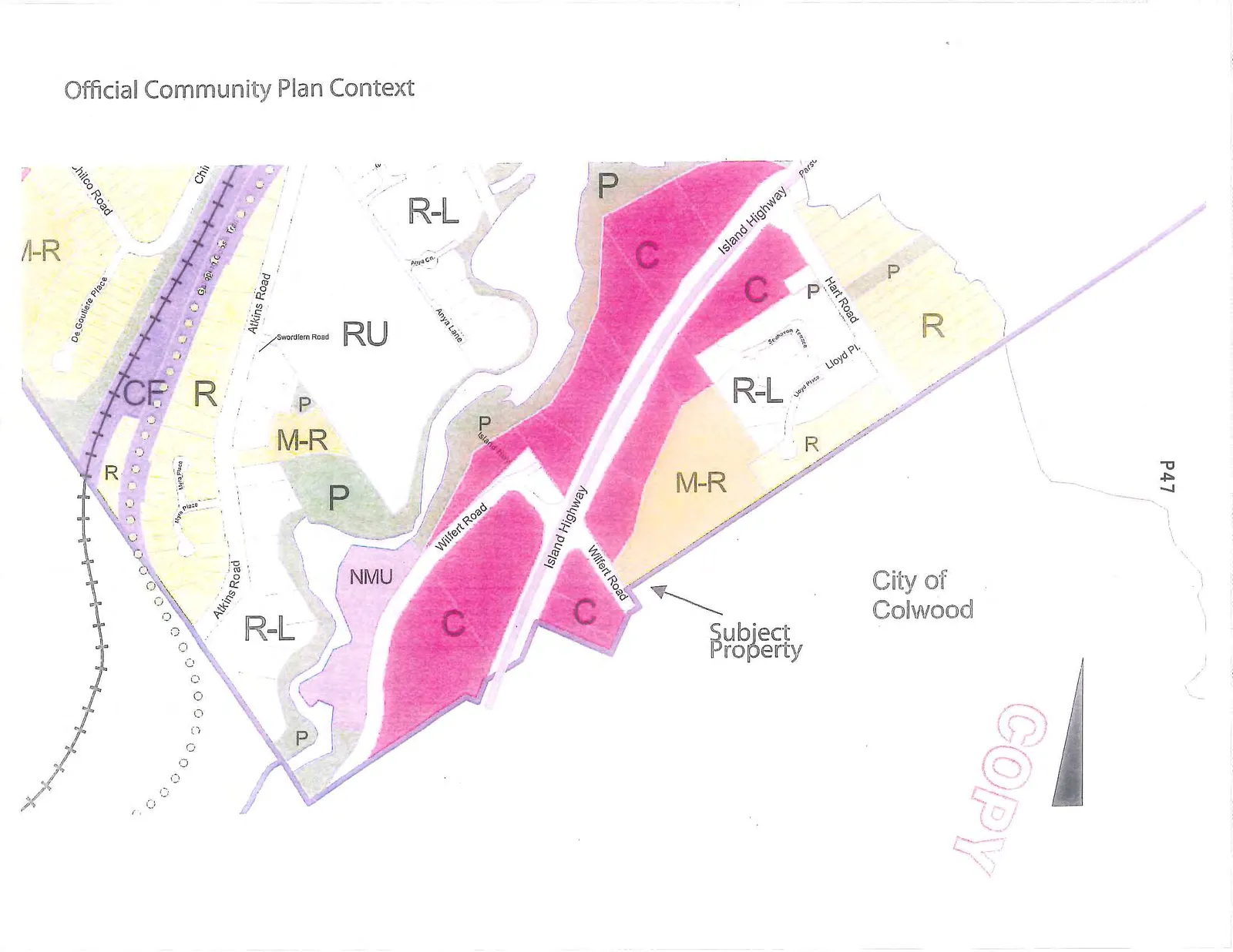 Map showing the Official Community Plan context for a subject property located at the intersection of Island Highway and Wilfert Road. The map displays various land use designations including Commercial (C), Multi-Residential (M-R), Residential Low-Density (R-L), Residential (R), Neighborhood Mixed Use (NMU), Rural (RU), and Park (P). Nearby streets include Atkins Road, Chilco Road, Hart Road, Anya Lane, Lloyd Pl, and De Goutiere Place. The map also indicates the boundary for the City of Colwood.