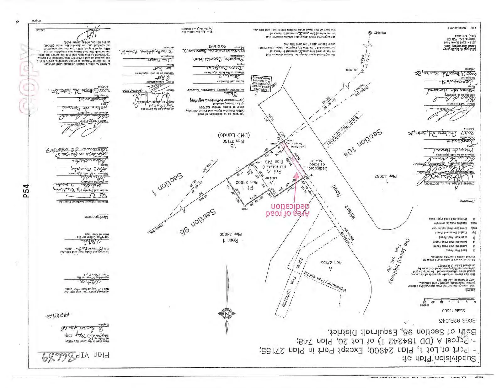 Survey map showing the subdivision of land including Lot A and Pt 1, road dedication area, Wilfert Road, and surrounding sections 1, 98, and 104.