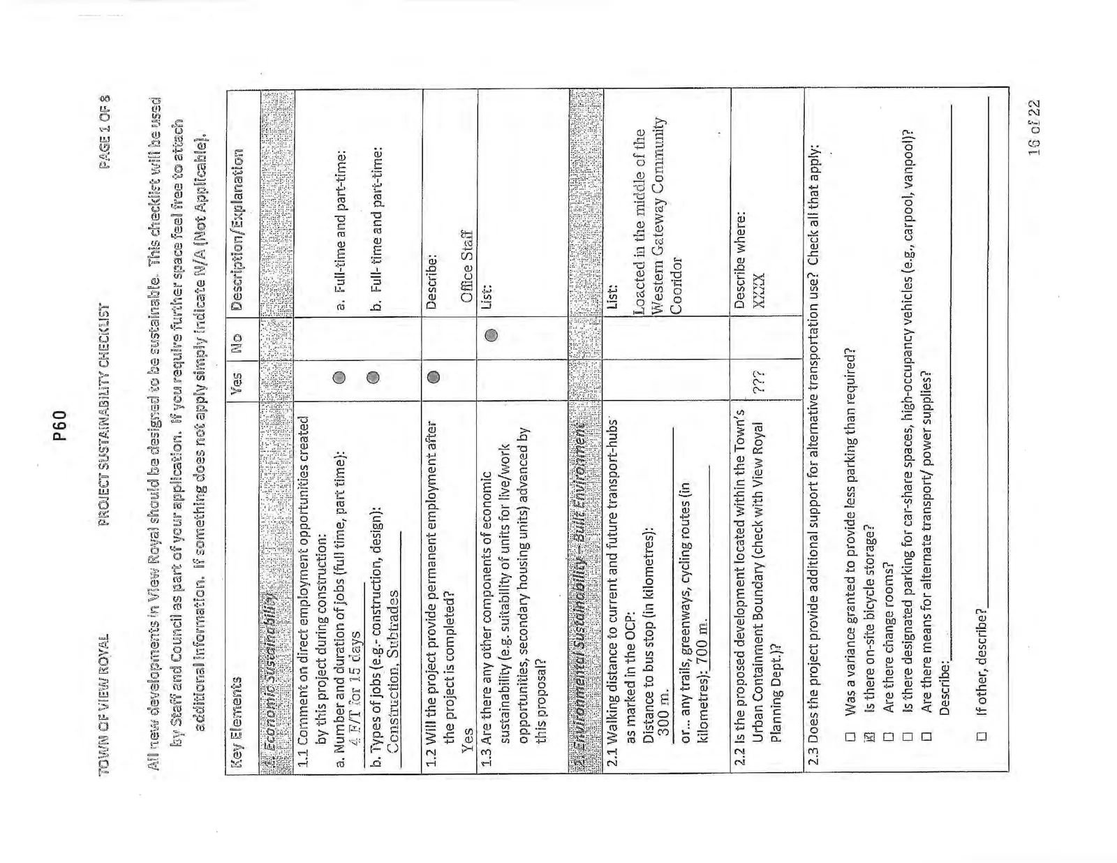 Page 1 of the Project Sustainability Checklist focusing on Economic Sustainability and Built Environment.