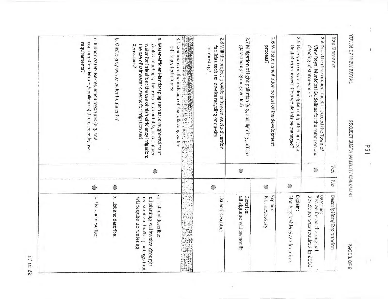 Page 2 of the checklist continuing Environmental Sustainability topics like stormwater, light pollution, and water efficiency.
