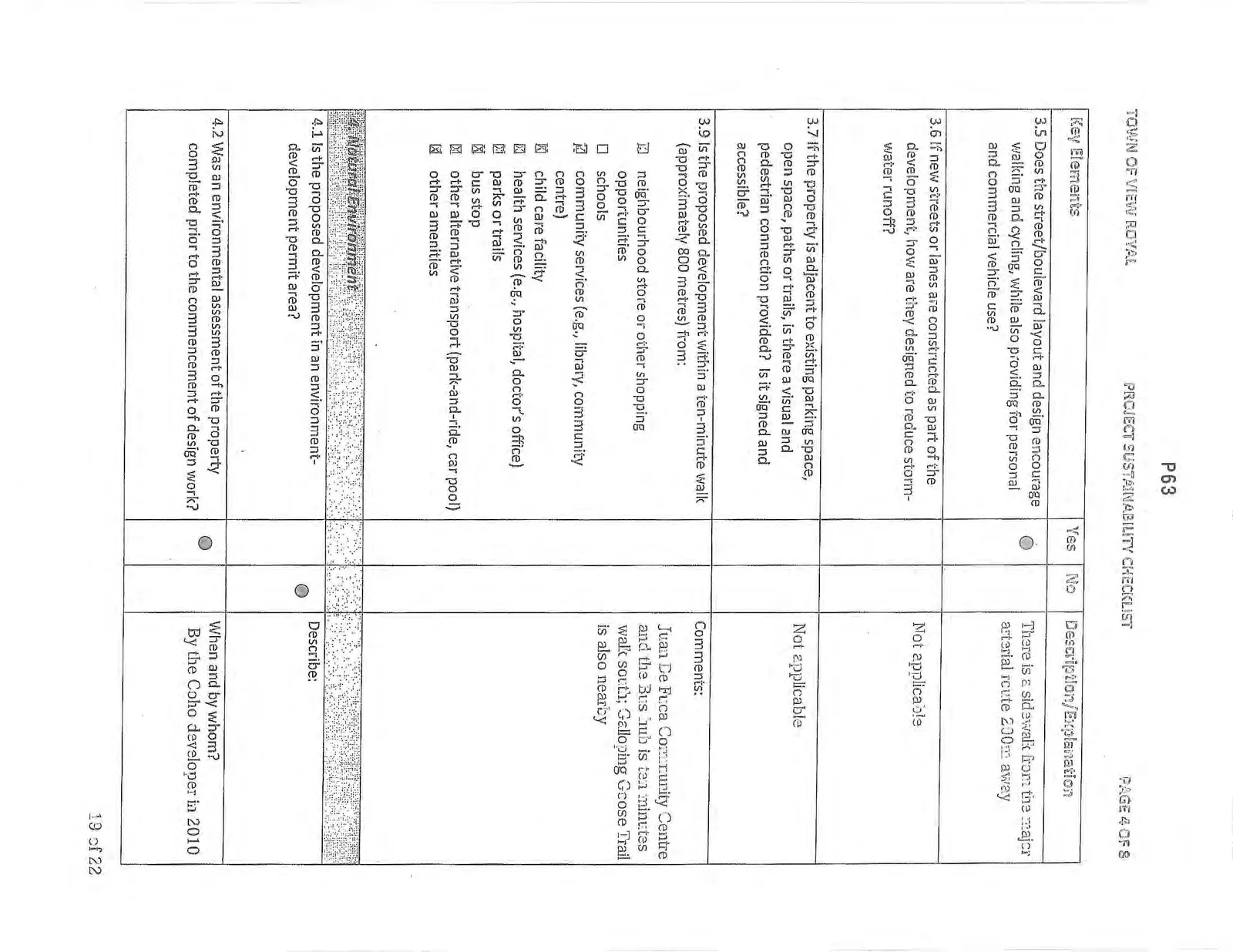 Page 4 of the checklist discussing street layout, proximity to amenities, and natural environment assessments.