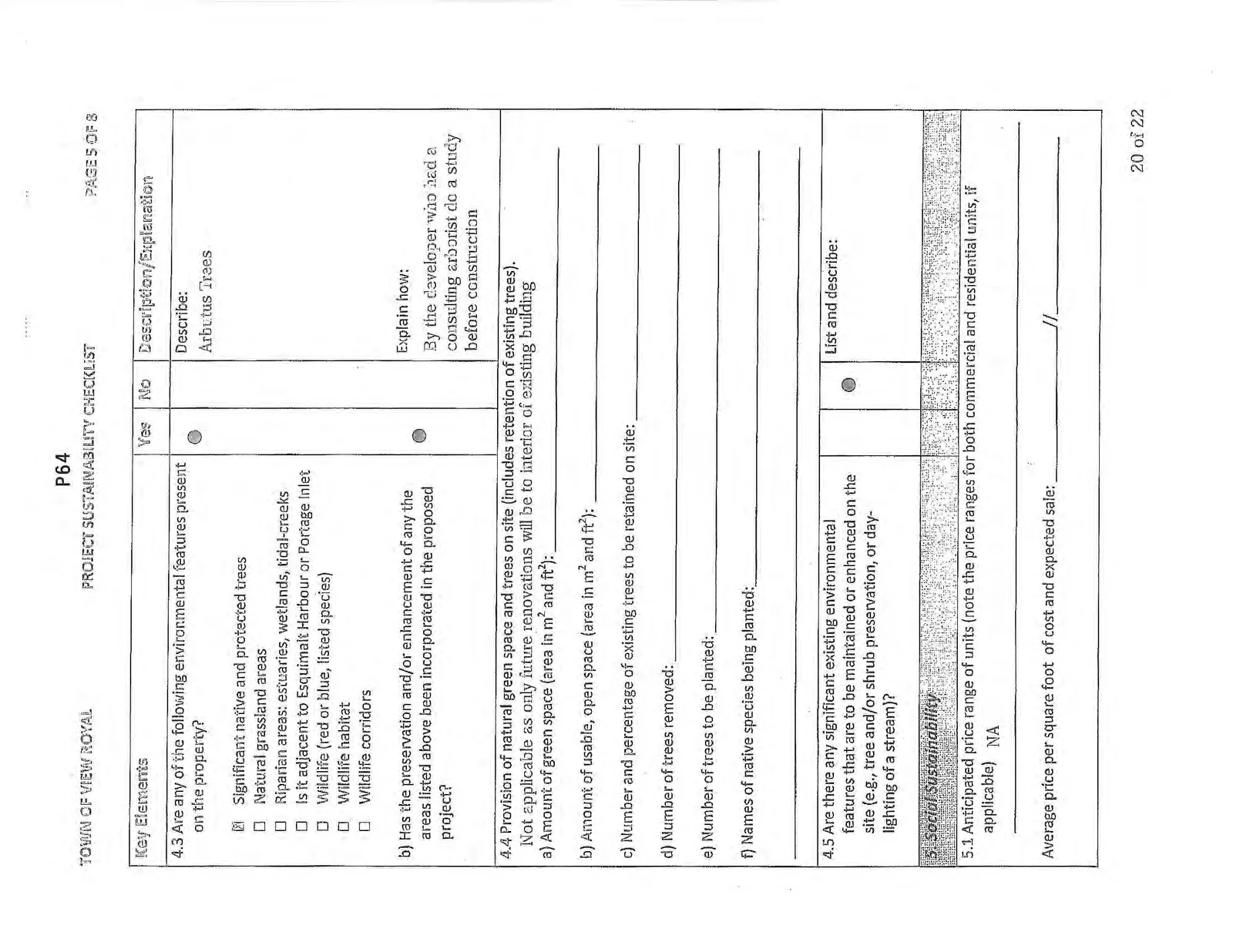 Page 5 of the checklist focusing on environmental features like trees and green space, and starting Social Sustainability.