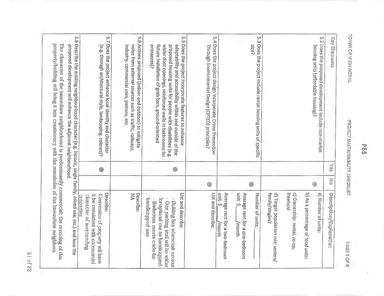 Page 6 of the checklist covering housing types, accessibility, noise mitigation, and local character.