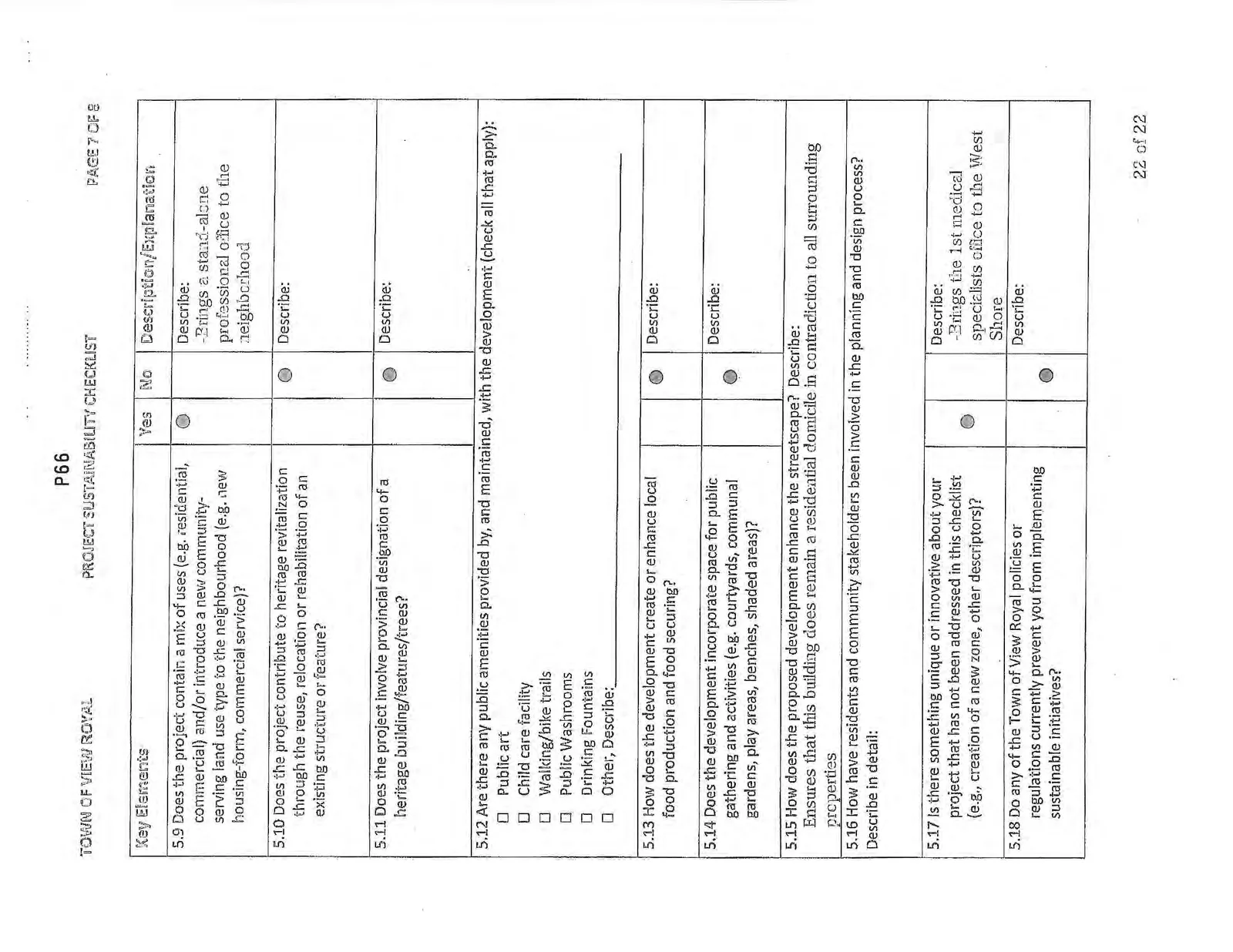 Page 7 of the checklist covering mixed uses, public amenities, and unique project features.