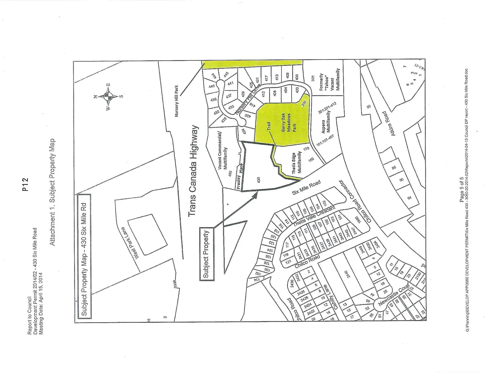 Subject property map for 430 Six Mile Road, showing the development site location relative to the Trans Canada Highway, Six Mile Road, Chilco Road, Atkins Road, and Garry Oak Meadows Park.