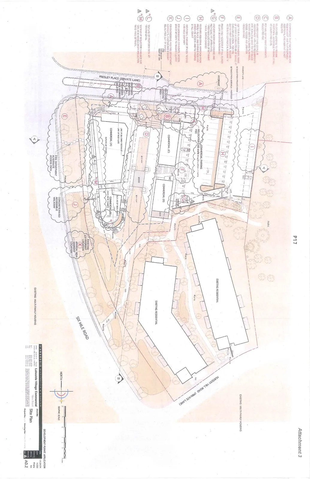 Detailed site plan layout for the Lakeside Village Commercial development in View Royal, showing commercial buildings A, B, C, and D, parking areas, existing residential structures, and landscape features.