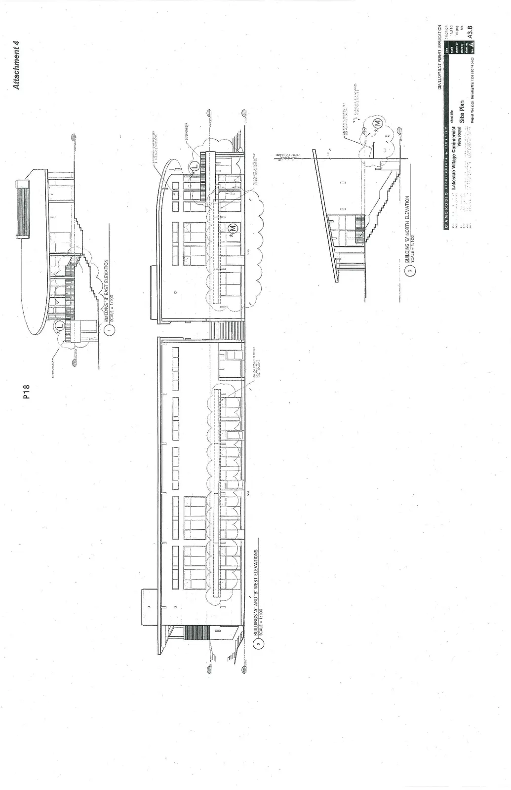 Architectural drawing sheet showing three building elevations: Building 'B' East Elevation, Buildings 'A' and 'B' West Elevations, and Building 'B' North Elevation.
