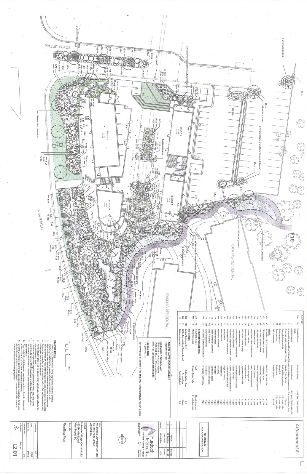 Detailed landscape planting plan for Lakeside Village Commercial, illustrating building footprints (Block A, B, C, and D), parking stalls, pedestrian walkways, and extensive landscaped areas. The drawing includes numerous plant identification codes and quantity callouts throughout the site, which is bordered by Presley Place and 6 Mile Road. Key features include a large central courtyard, rain garden areas, and a naturalized grass zone.
