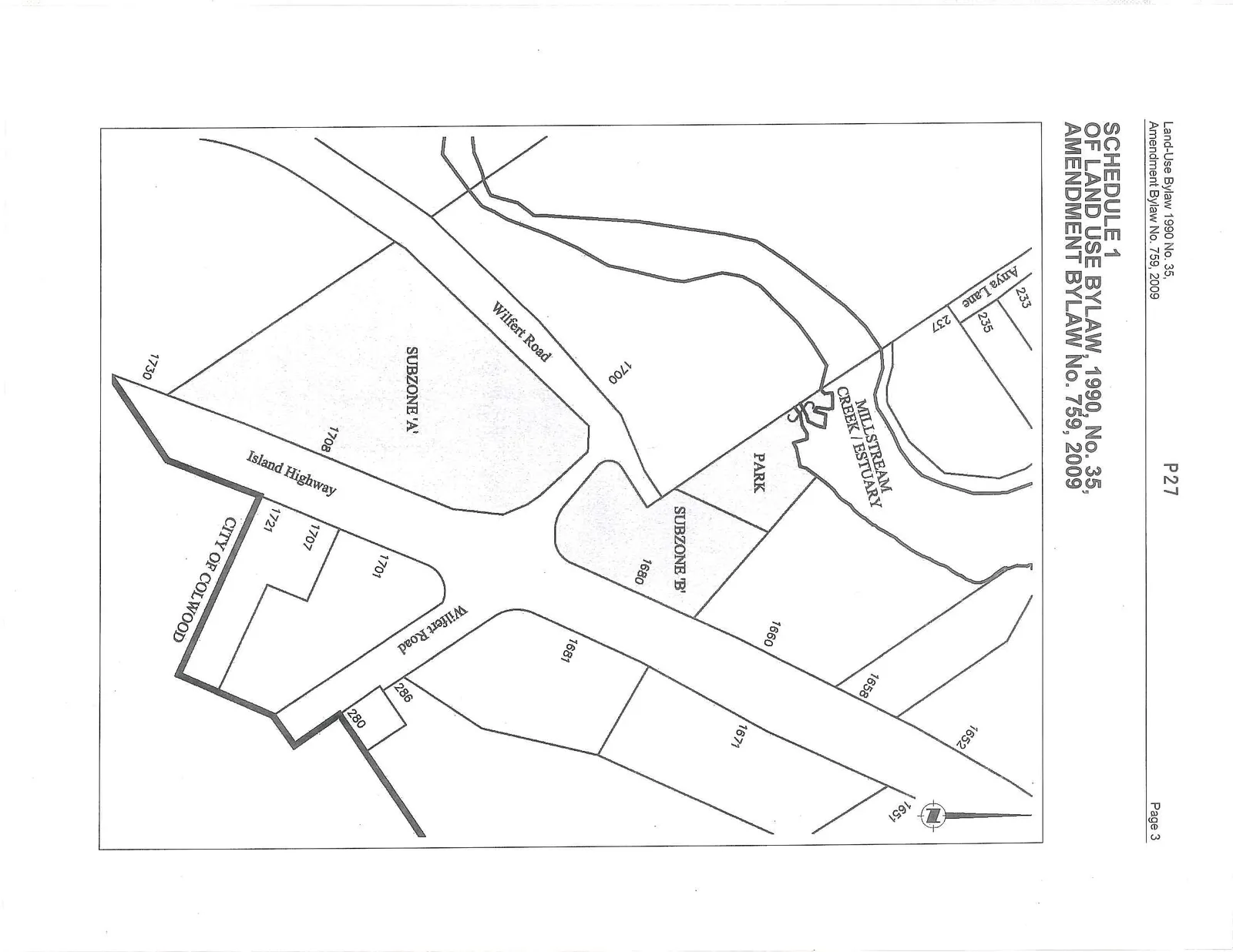 Sketch plan showing the rezoning areas for Subzone 'A', Subzone 'B', and PARK located near Wilfert Road, Island Highway, and Millstream Creek/Estuary.