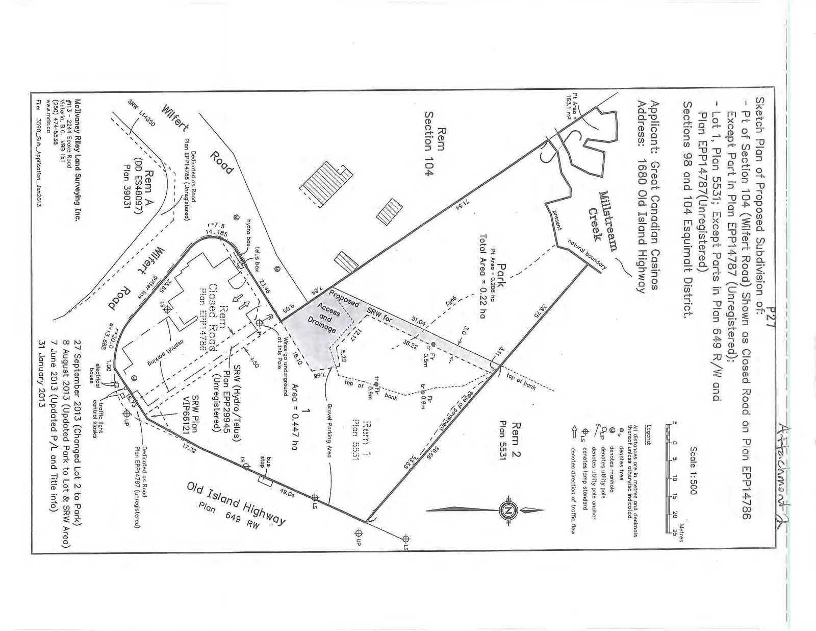 Sketch plan showing the proposed subdivision layout, including a Park area (Total Area = 0.22 ha), Lot 1 (Area = 0.447 ha), and various remainders (Rem 1 and Rem 2 of Plan 5531, Rem Section 104, and Rem Closed Road Plan EPP14786). The map displays dimensions, geographical features like Millstream Creek and various statutory rights-of-way (SRW), and surrounding roads including Wilfert Road and Old Island Highway.