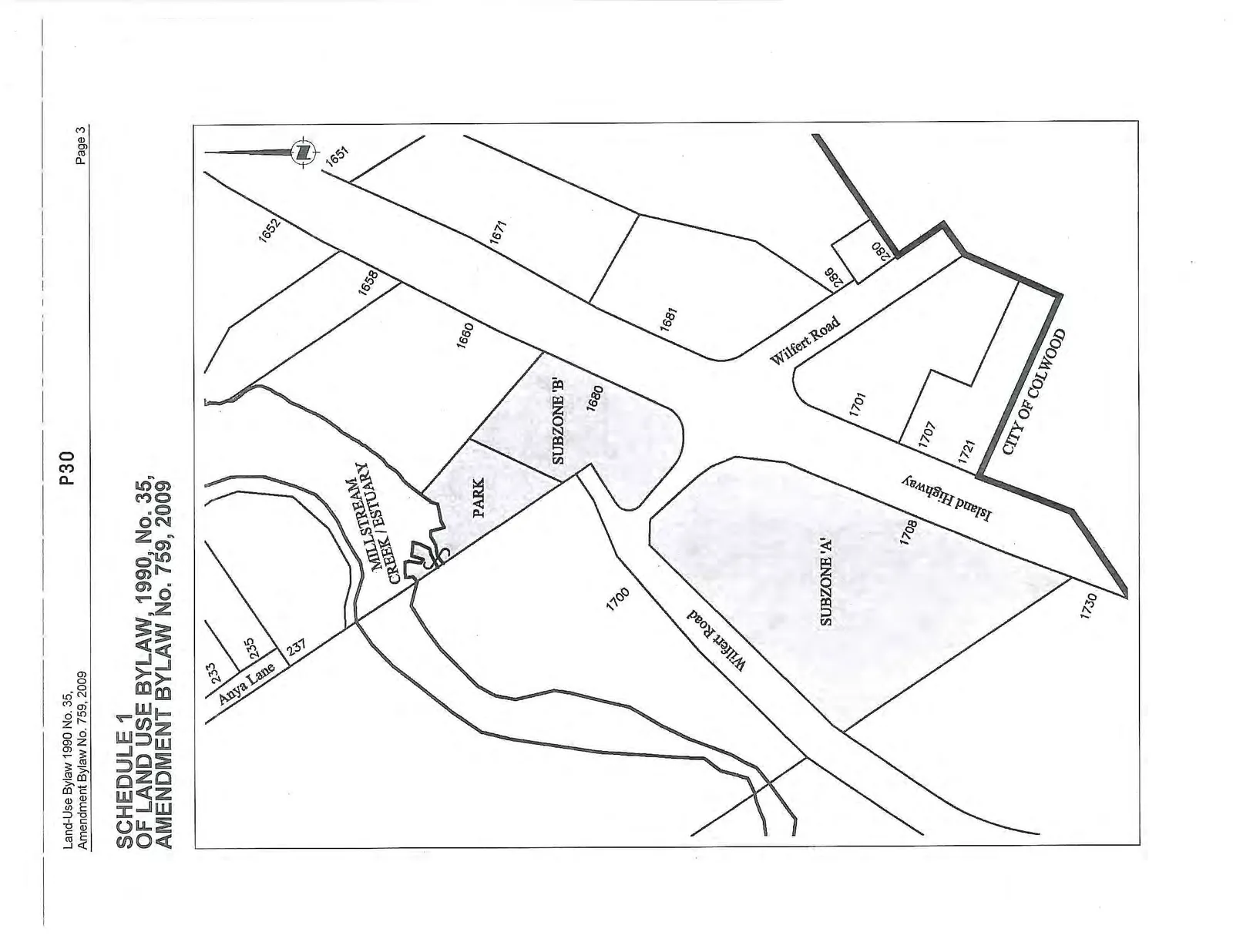 Land use map for Amendment Bylaw No. 759, 2009, detailing Subzone 'A', Subzone 'B', and a Park area. The map shows the intersection of Wilfert Road and Island Highway, as well as Anya Lane and Millstream Creek / Estuary. Property addresses included are 233, 235, and 237 Anya Lane; 1651, 1652, 1658, 1660, 1671, 1680, 1681, 280, 286, and 1700 Wilfert Road; and 1701, 1707, 1708, 1721, and 1730 Island Highway. The boundary for the City of Colwood is also marked.