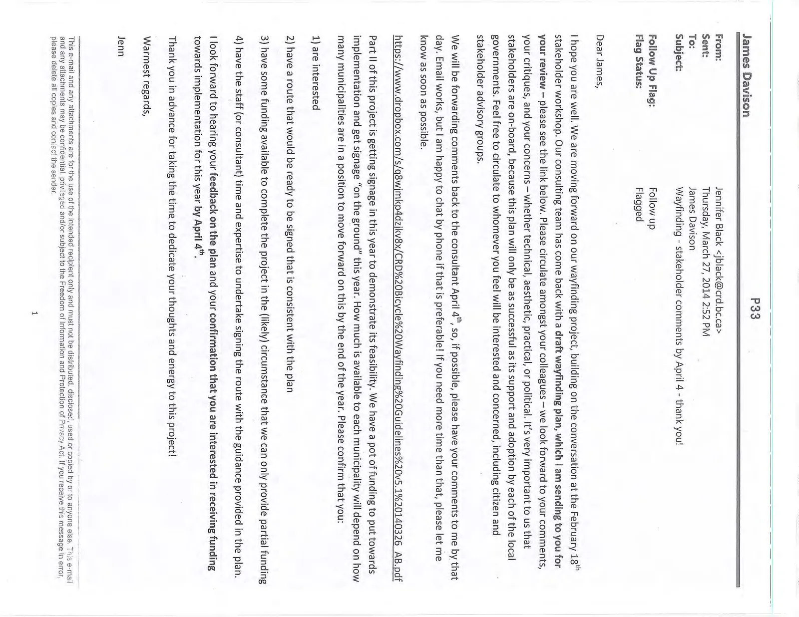 Email from Jennifer Black regarding wayfinding project stakeholder comments