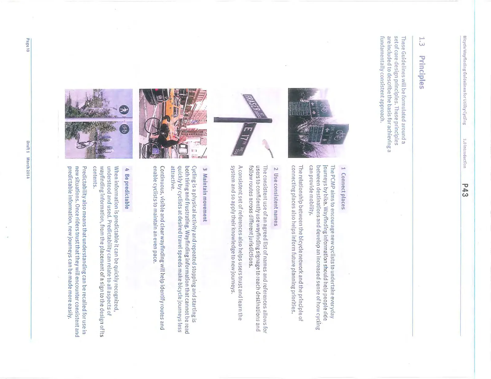 Collage of photos showing signs and cyclists in various environments, illustrating principles 1-4