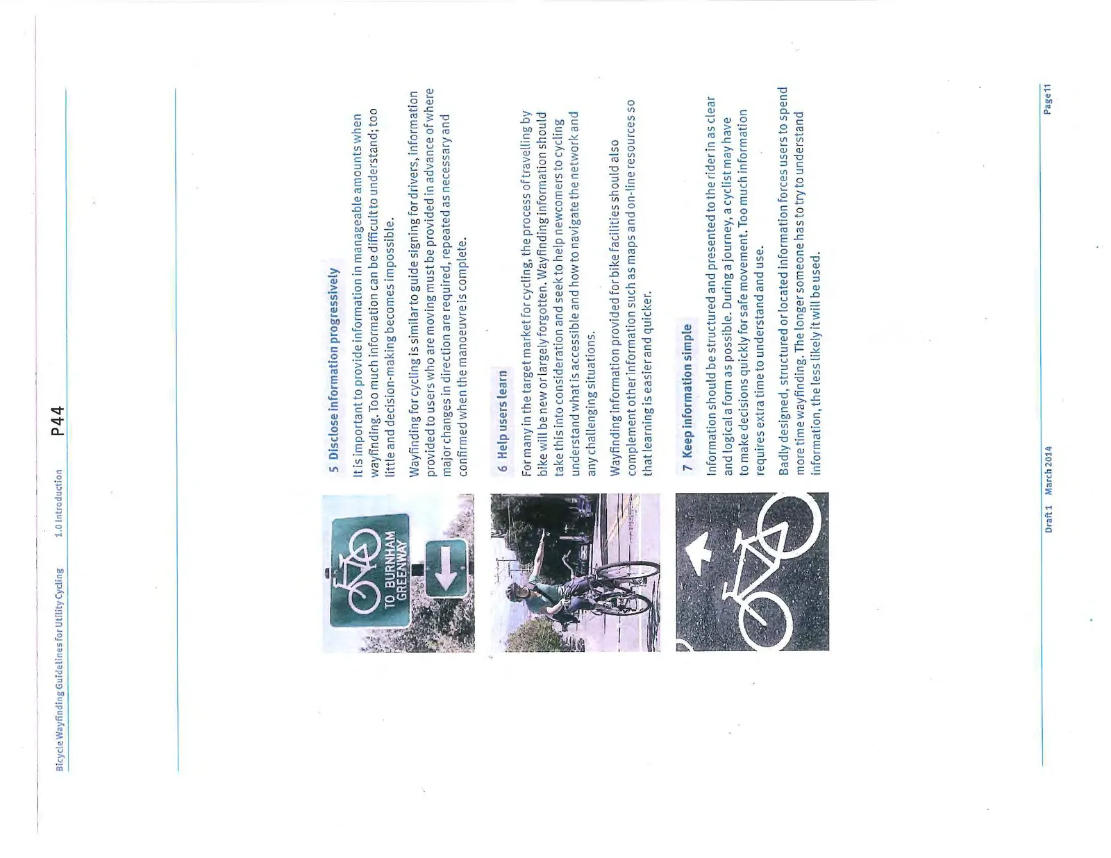 Collage of photos showing wayfinding markings and signs, illustrating principles 5-7