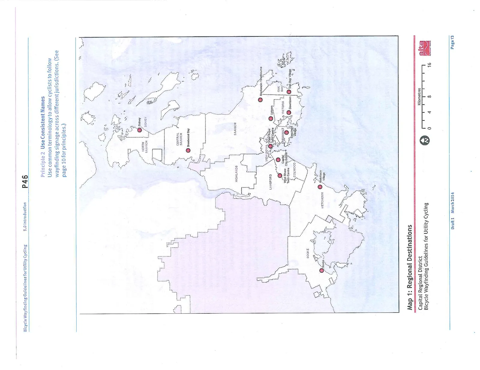 Map 1: Regional Destinations - A map of the Capital Regional District showing Level 1 regional destinations as red dots across various municipalities like Victoria, Saanich, Langford, and Sidney