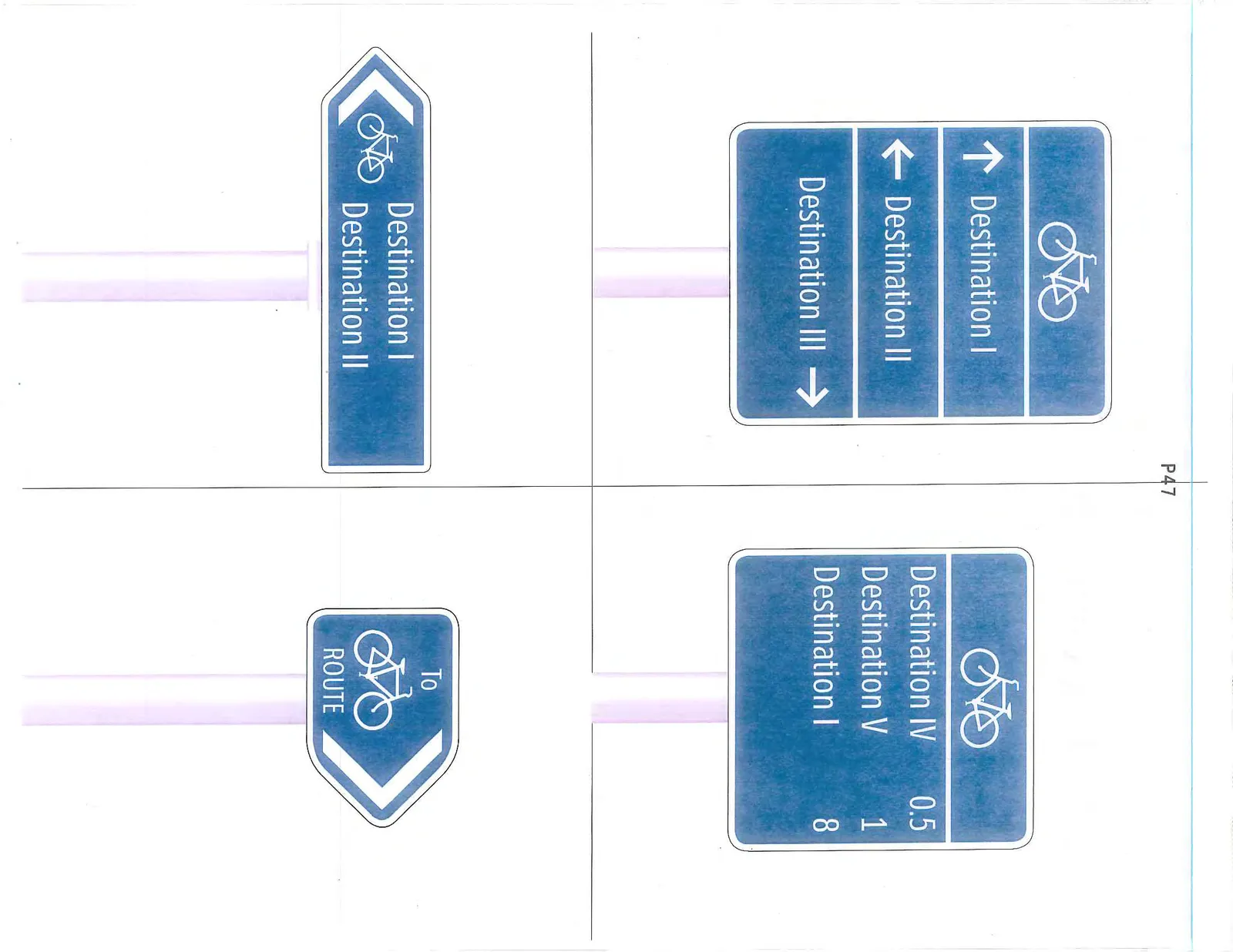 Gallery of sample wayfinding signs including multi-destination decision signs, a confirmation sign with distances, and turn fingerboards