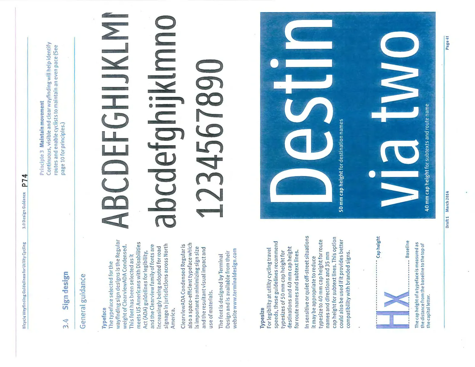 Display of ClearviewADA Condensed Regular typeface (ABC... abc... 123...) and examples of 50 mm and 40 mm cap heights in use.