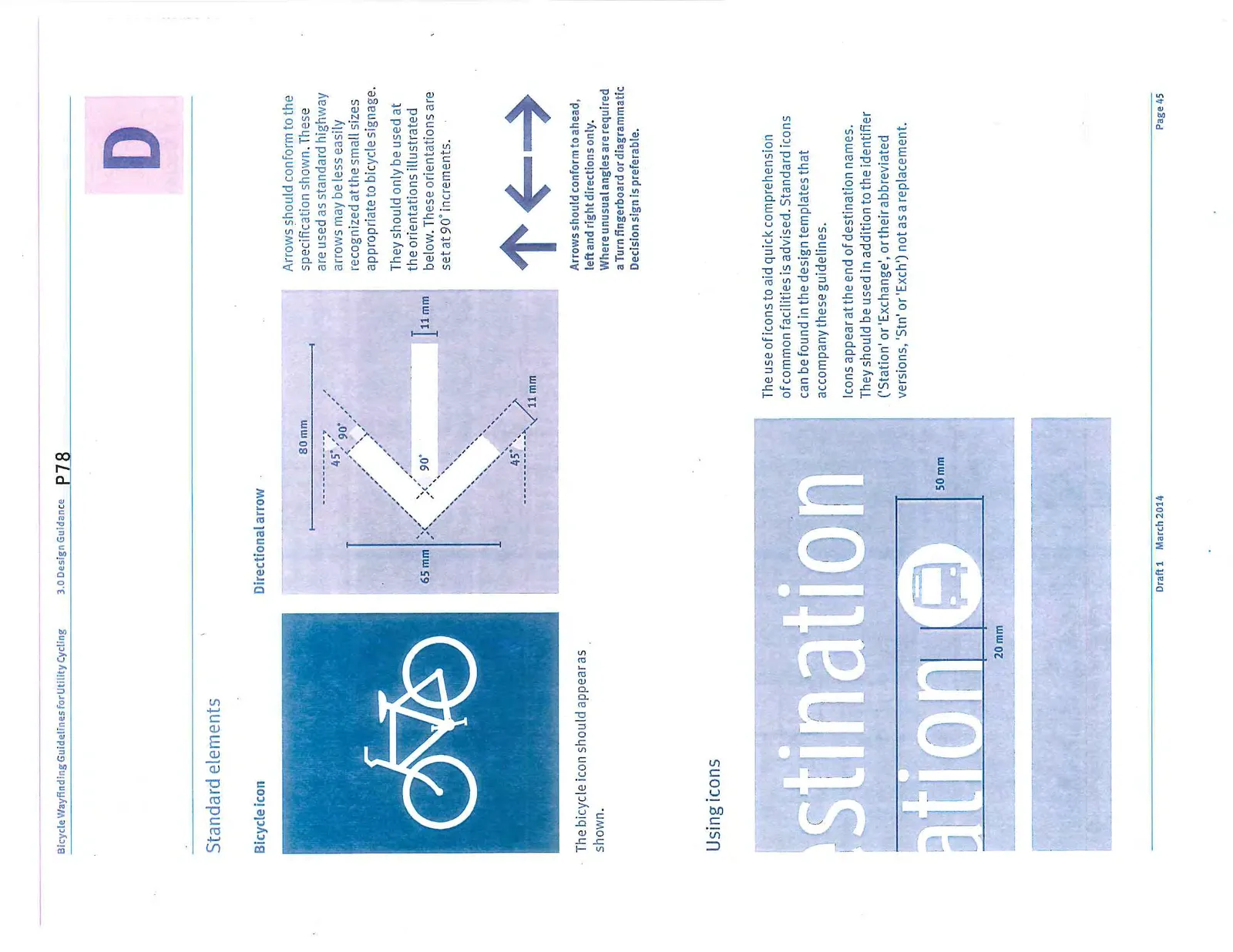 Diagrams showing specifications for the bicycle icon and directional arrows.