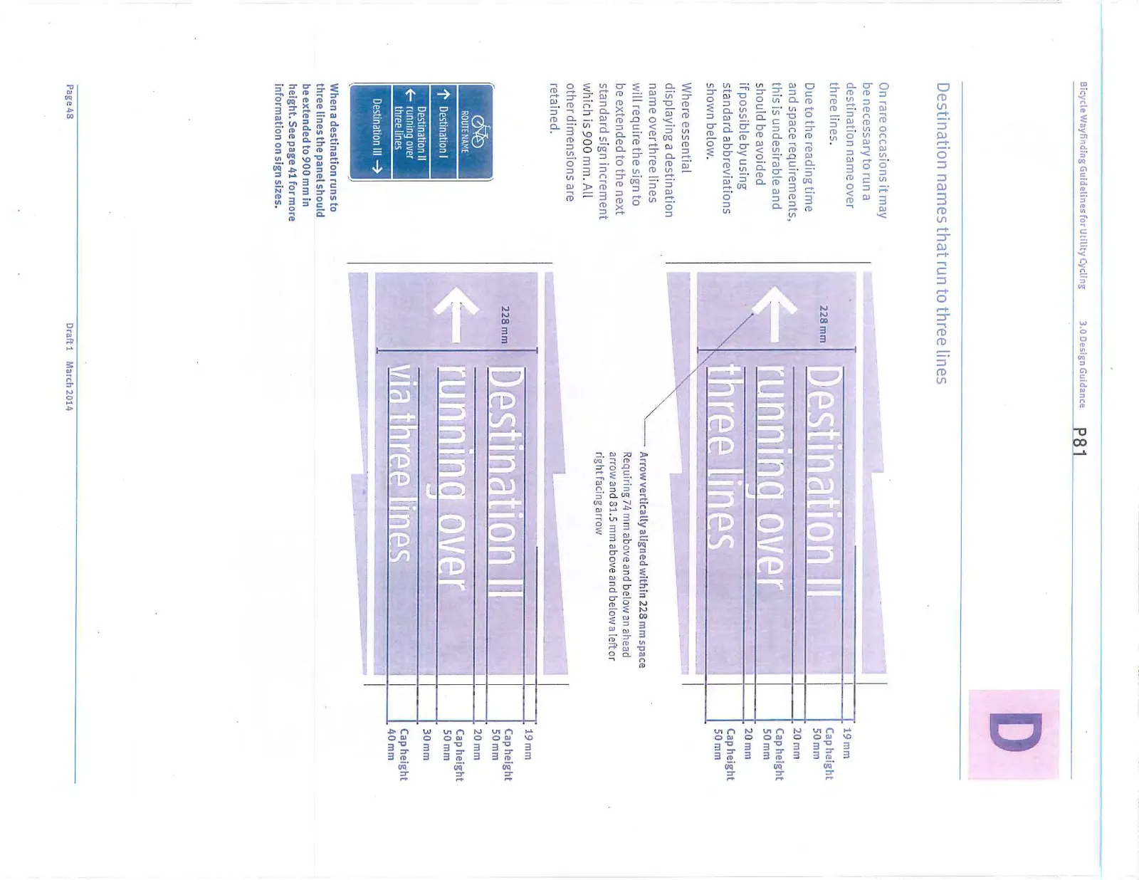 Dimensioned drawing for three-line destination names showing the arrow vertically aligned within the 228 mm space.
