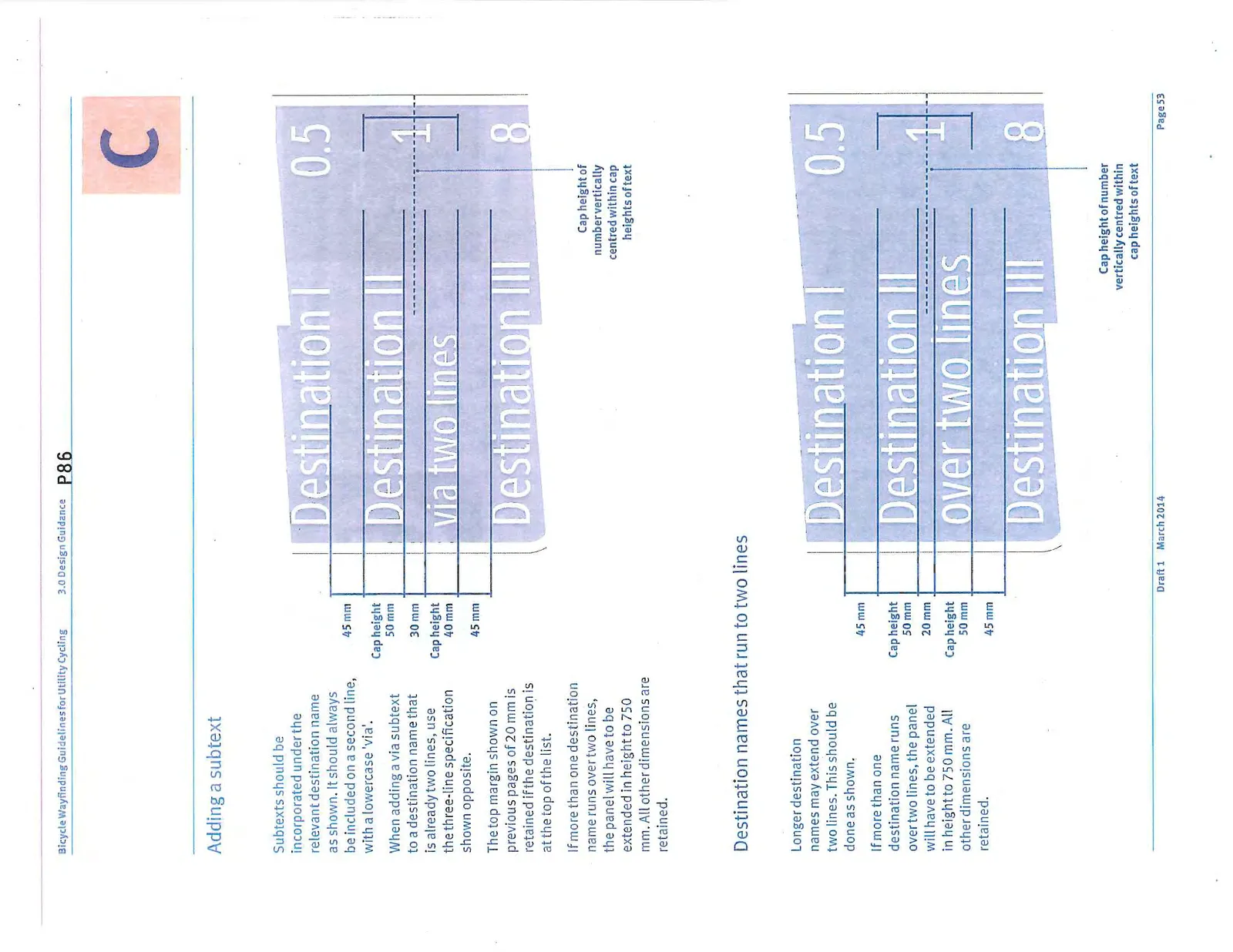 Dimensioned drawings for subtexts and two-line names on confirmation signs.