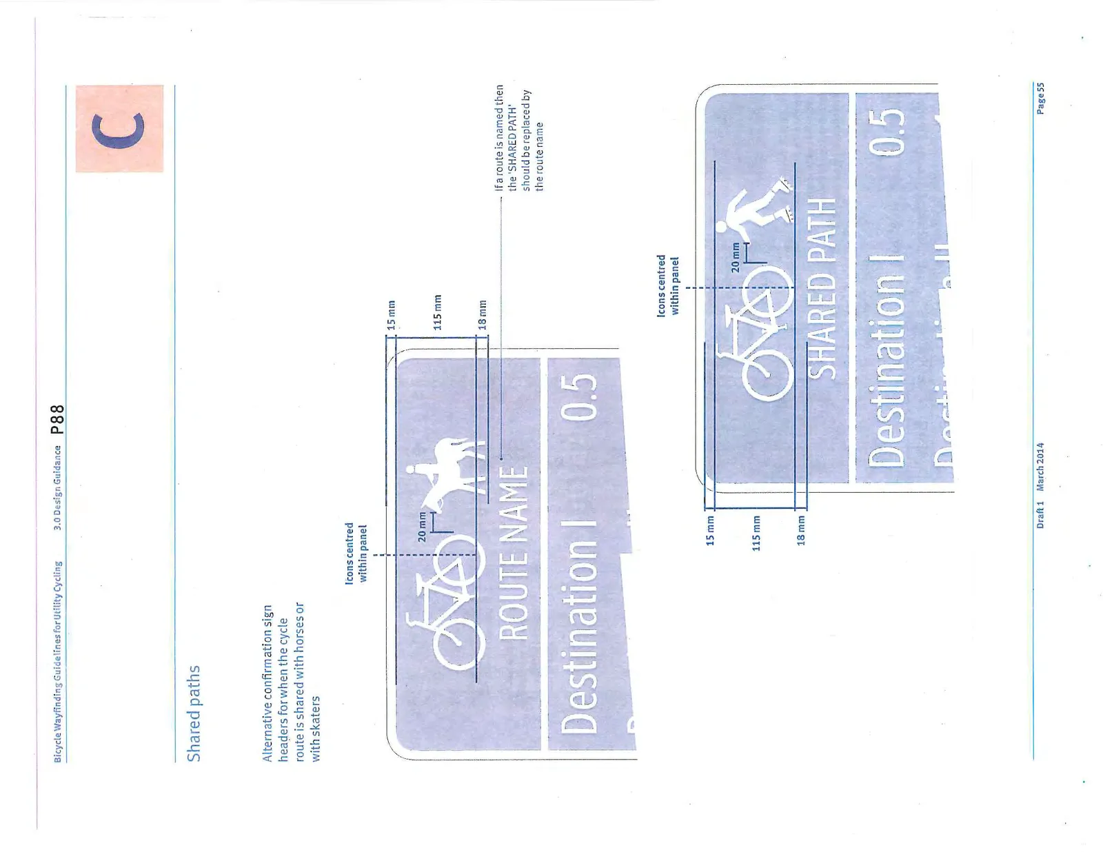 Dimensioned drawings showing alternate headers for shared paths involving horses or inline skaters.