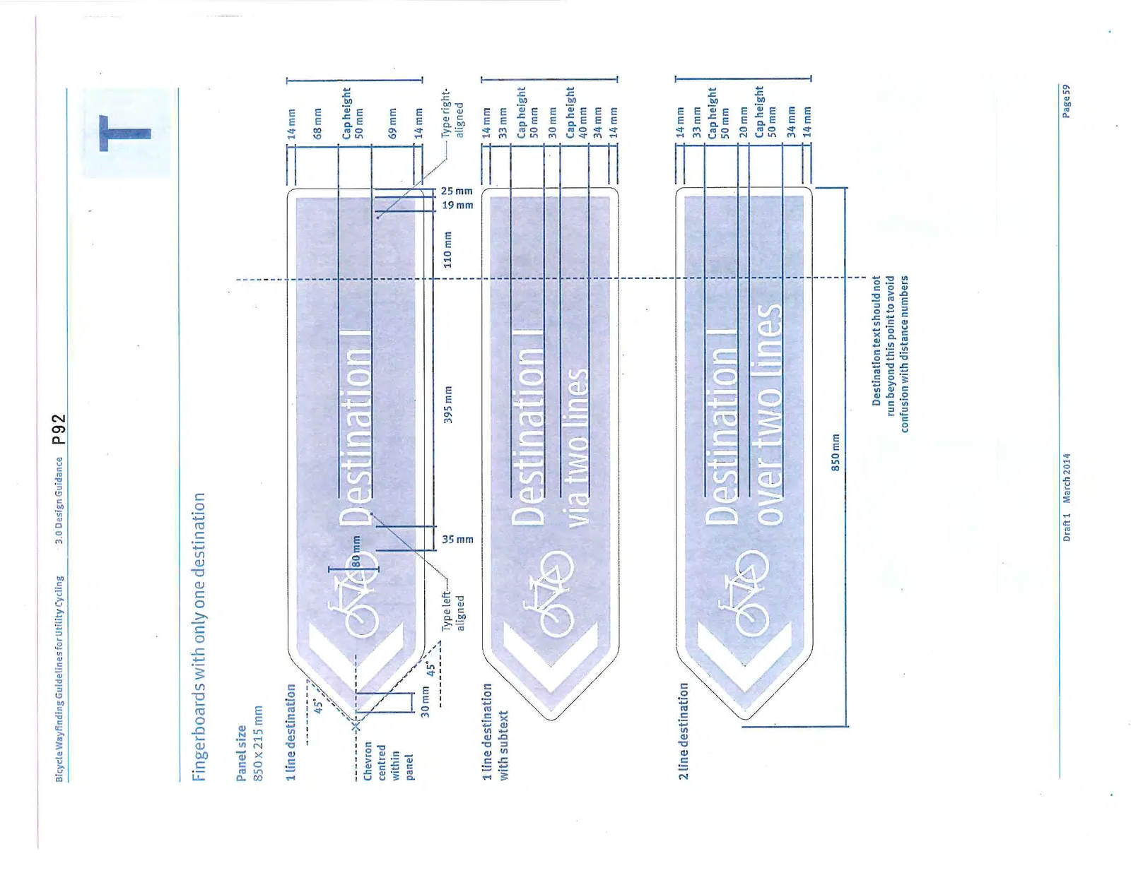 Dimensioned drawings for fingerboards with a single 1-line destination, a 1-line destination with subtext, and a single 2-line destination.