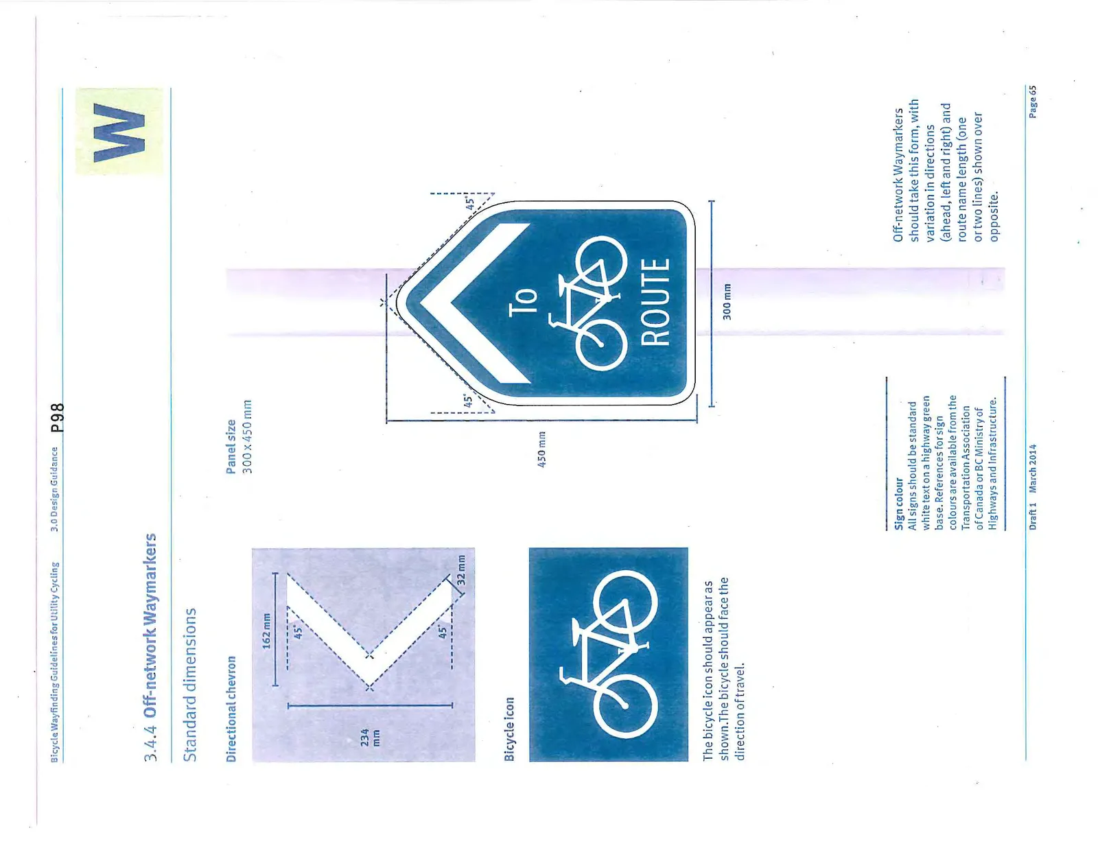 Dimensioned technical drawings for an Off-network Waymarker and its directional chevron. Panel size 300x450mm. Bicycle icon faces the direction of travel. All Off-network Waymarkers include the word 'To'.