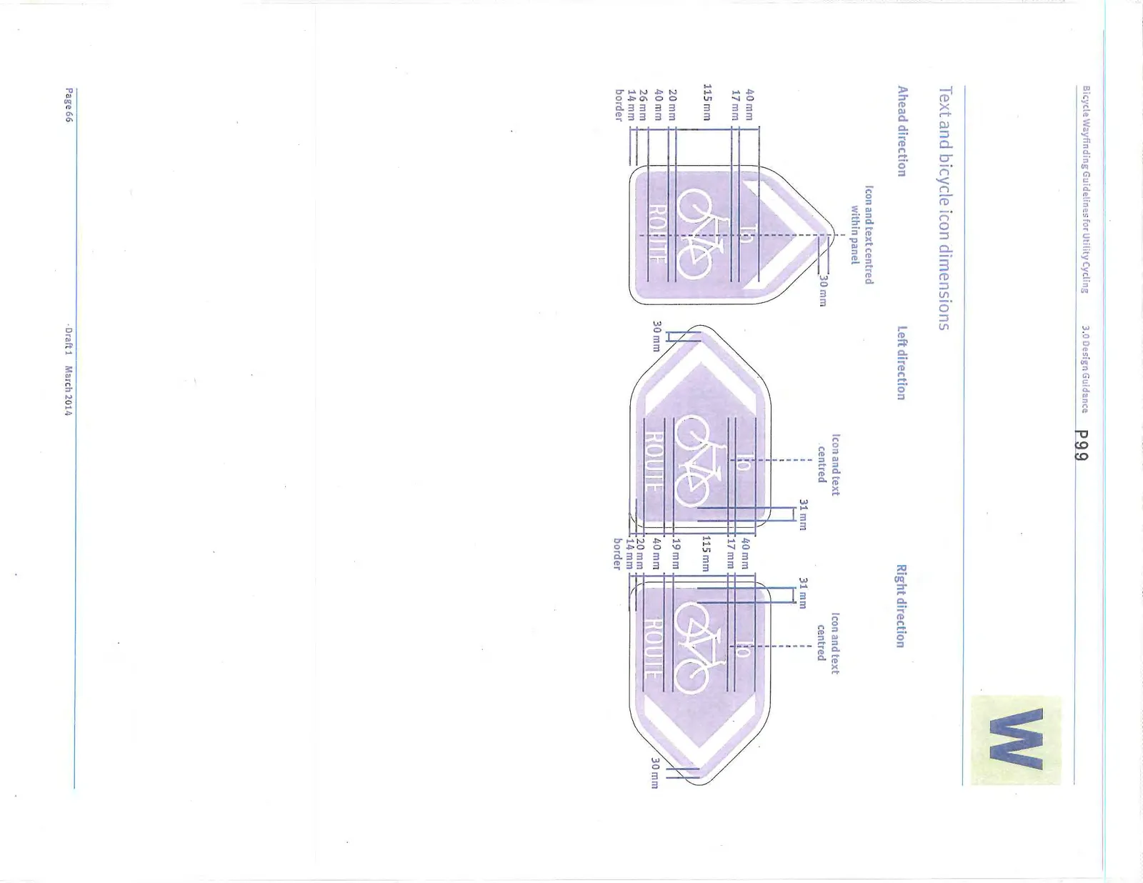 Detailed dimensioning for Ahead, Left, and Right Off-network Waymarkers.