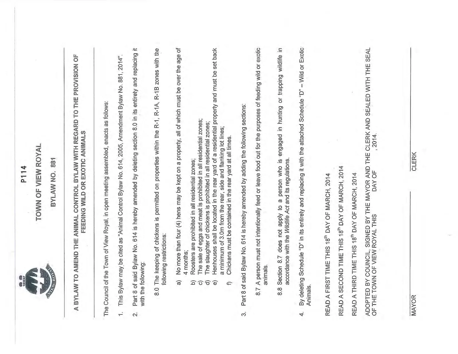 First page of Bylaw No. 881 detailing amendments regarding the keeping of chickens and feeding wild or exotic animals.