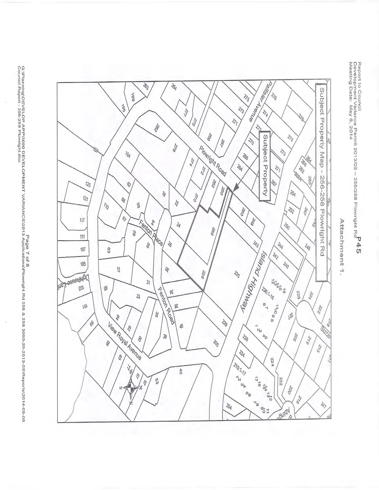 A property map highlighting the subject property at 256-258 Plowright Road with a bold outline and callout. The map shows the surrounding neighborhood including Palliser Avenue, Island Highway, Fenton Road, Fenton Place, View Royal Avenue, and Lighthouse Lane.