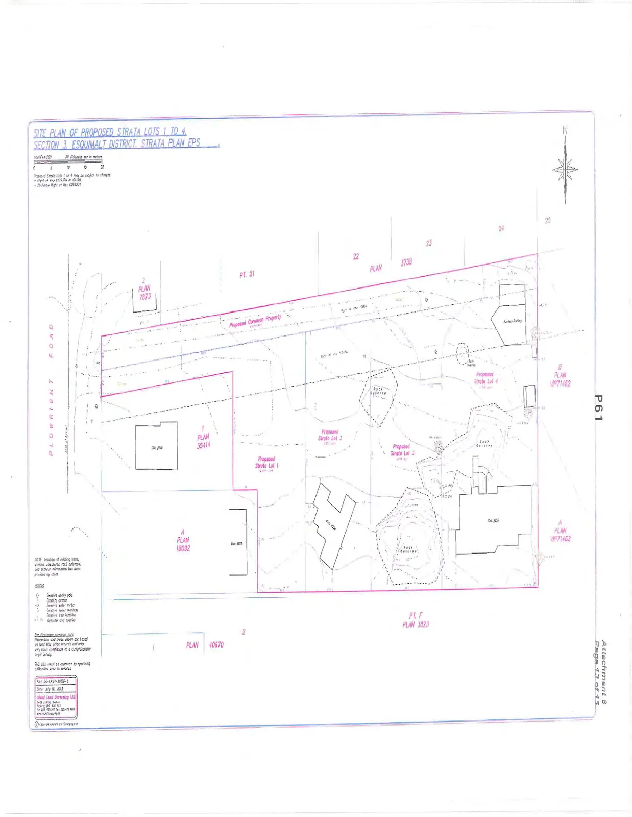 Site plan of proposed strata lots 1 to 4, Section 3, Esquimalt District, Strata Plan EPS showing property lines, proposed lots, tree locations, and critical root zones
