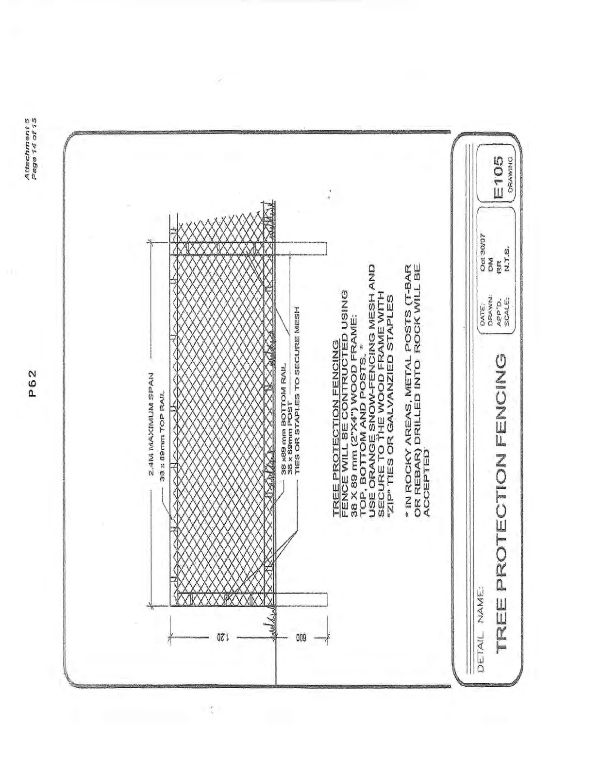 Technical detail drawing for Tree Protection Fencing showing construction specifications for wooden frames and mesh