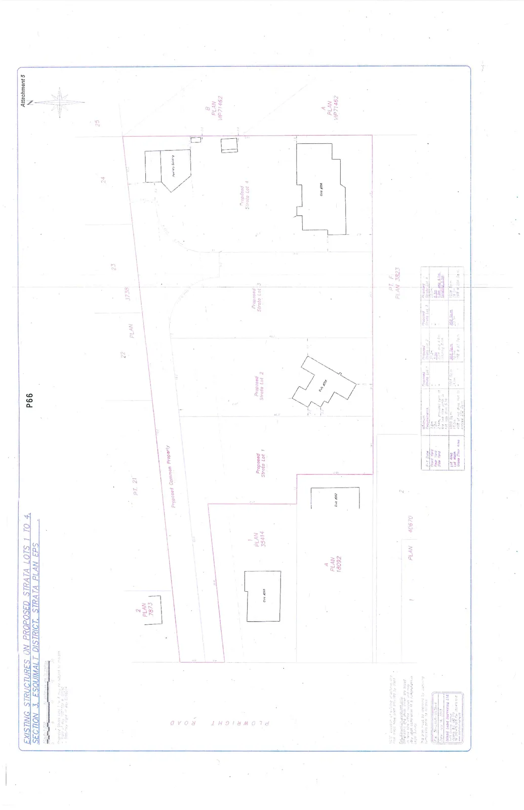 Site plan map showing four proposed strata lots and common property access from Plowright Road. The plan identifies existing structures with civic addresses #910, #1262, #914, and #256, as well as an auxiliary building. The map includes lot dimensions, surrounding plan numbers, and lot designations.