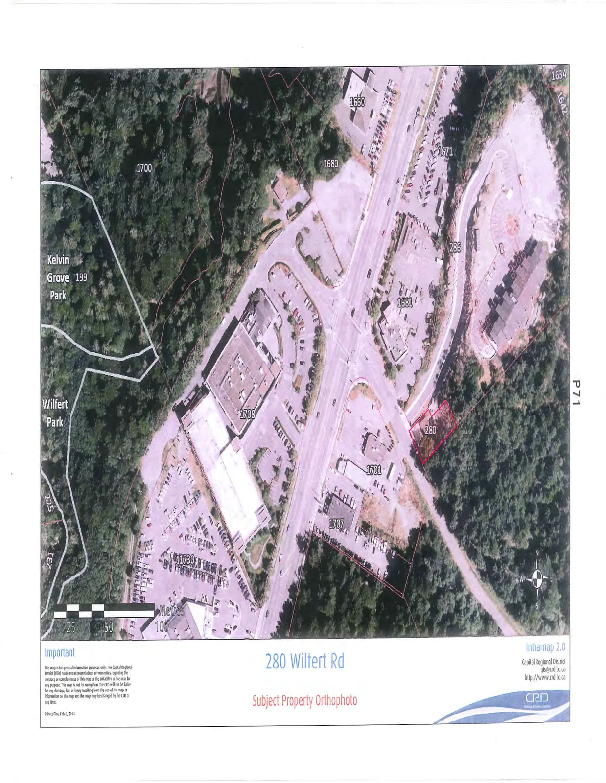 Aerial orthophoto map showing property boundaries and buildings for 280 Wilfert Rd and the surrounding area, including labels for Kelvin Grove Park, Wilfert Park, and various lot numbers.