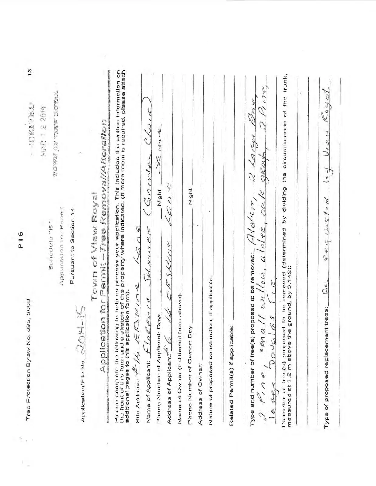 Completed application form for tree removal at #14 Erskine Lane