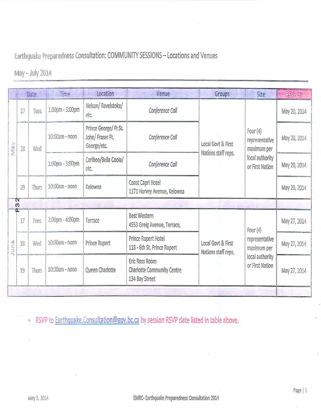 Table of community consultation sessions for May and June 2014, including dates, times, locations, and venue details.