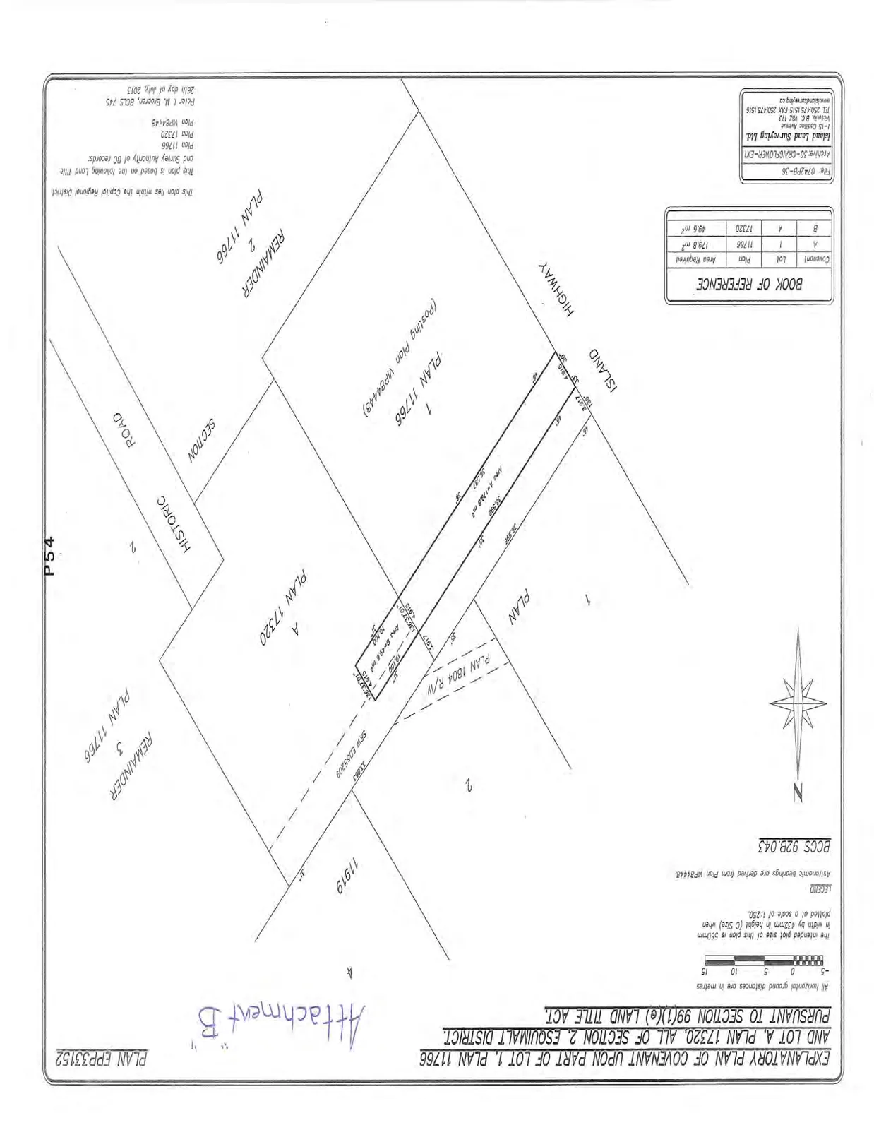 Explanatory plan showing the location of covenant areas A and B on Lot 1, Plan 11766 and Lot A, Plan 17320, adjacent to the Island Highway, Historic Section Road, and existing rights-of-way.