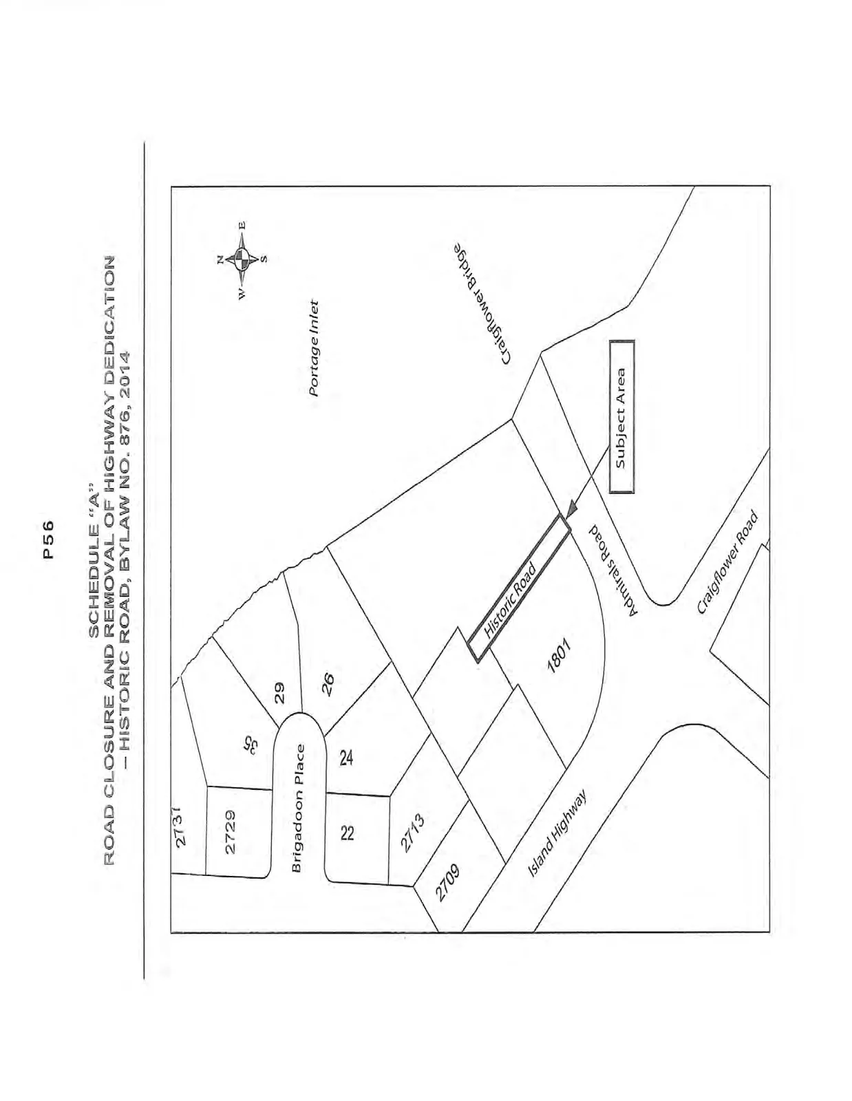 Map illustrating the "Subject Area" for the road closure of Historic Road. The map shows the area's proximity to Portage Inlet, Craigflower Bridge, Admirals Road, Island Highway, Craigflower Road, and Brigadoon Place. Surrounding lot numbers and addresses shown include 2737, 2729, 35, 29, 26, 22, 24, 2713, 2709, and 1801.