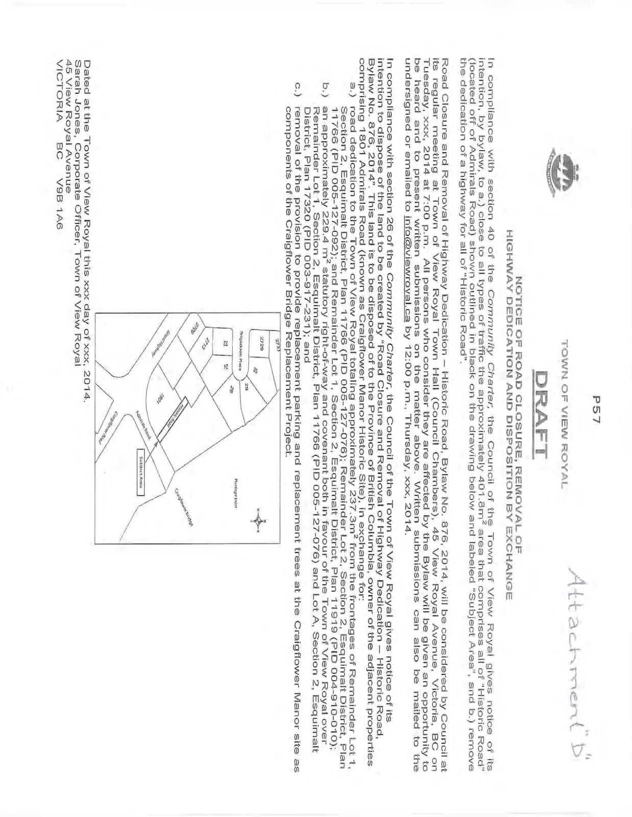 Map showing the road closure "Subject Area" on Historic Road near the intersection of Admirals Road and Island Highway, adjacent to Craigflower Bridge and Portage Inlet.