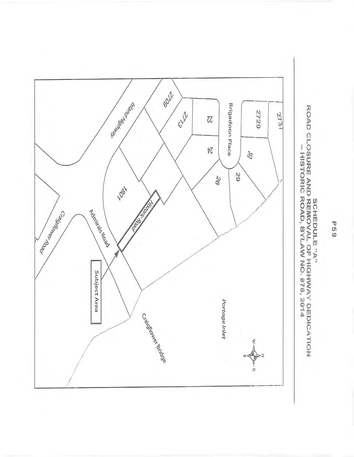 Map identifying the "Subject Area" as the entirety of Historic Road, located between Admirals Road and Portage Inlet, near the intersection of Island Highway and Craigflower Road.