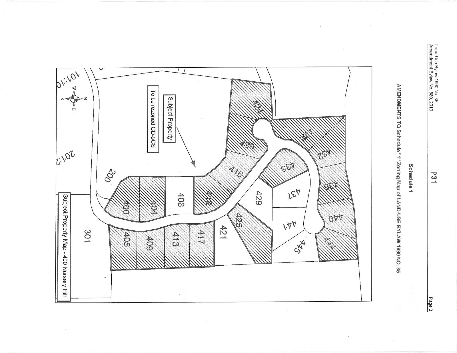 Subject Property Map for 400 Nursery Hill, showing a residential subdivision with various numbered lots. Specific lots identified in the bylaw title are hatched and labeled as "To be rezoned CD-9CS".
