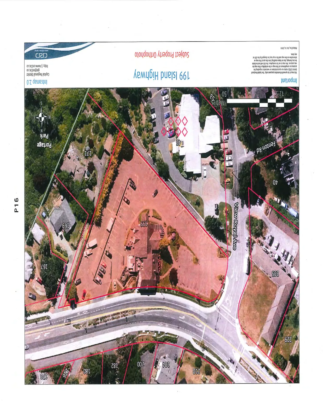 Aerial orthophoto map showing the subject property at 199 Island Highway and surrounding parcels. The map indicates property boundaries, building footprints, and street names including Island Highway, View Royal Ave, and Fenton Rd. Nearby Portage Park is also shown.