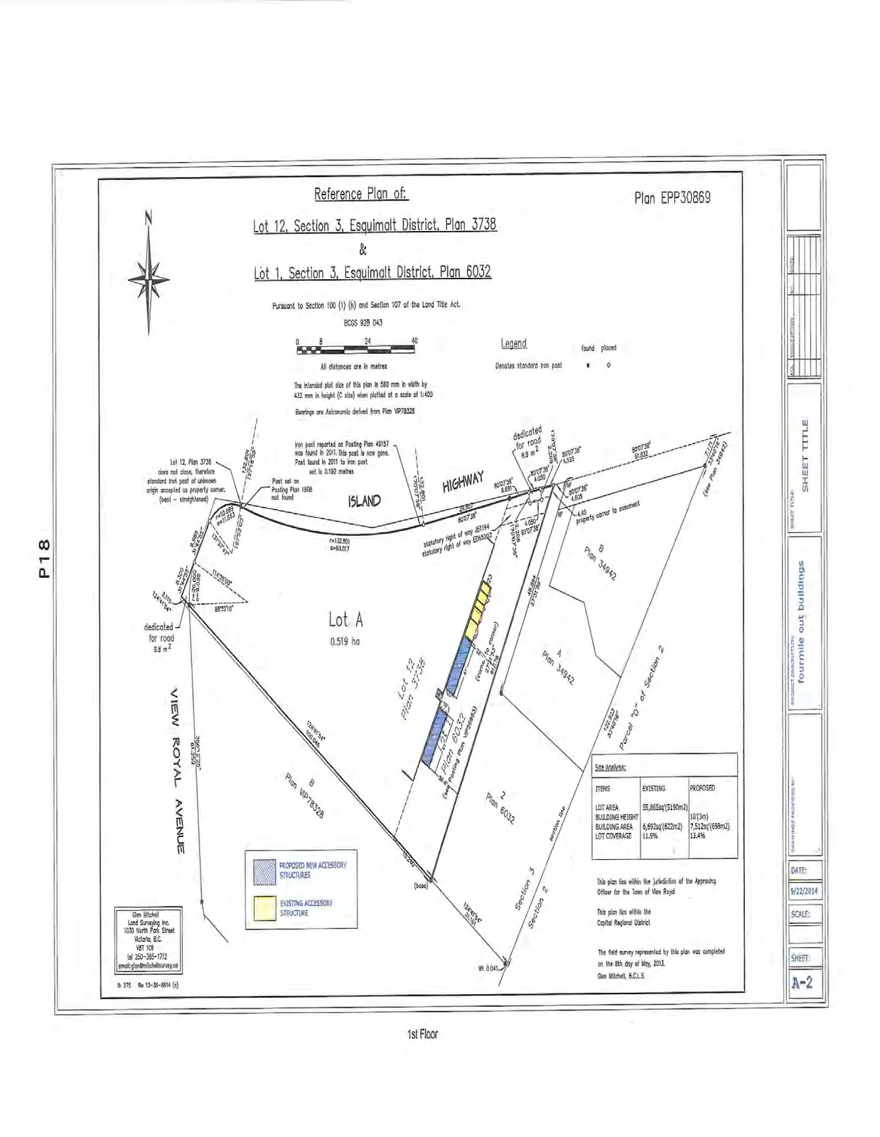 Survey plan for Lot A, showing property boundaries, structures, and surrounding roads including View Royal Avenue and Island Highway. The plan identifies areas dedicated for road (9.8 m² and 8.9 m²) and statutory rights of way.