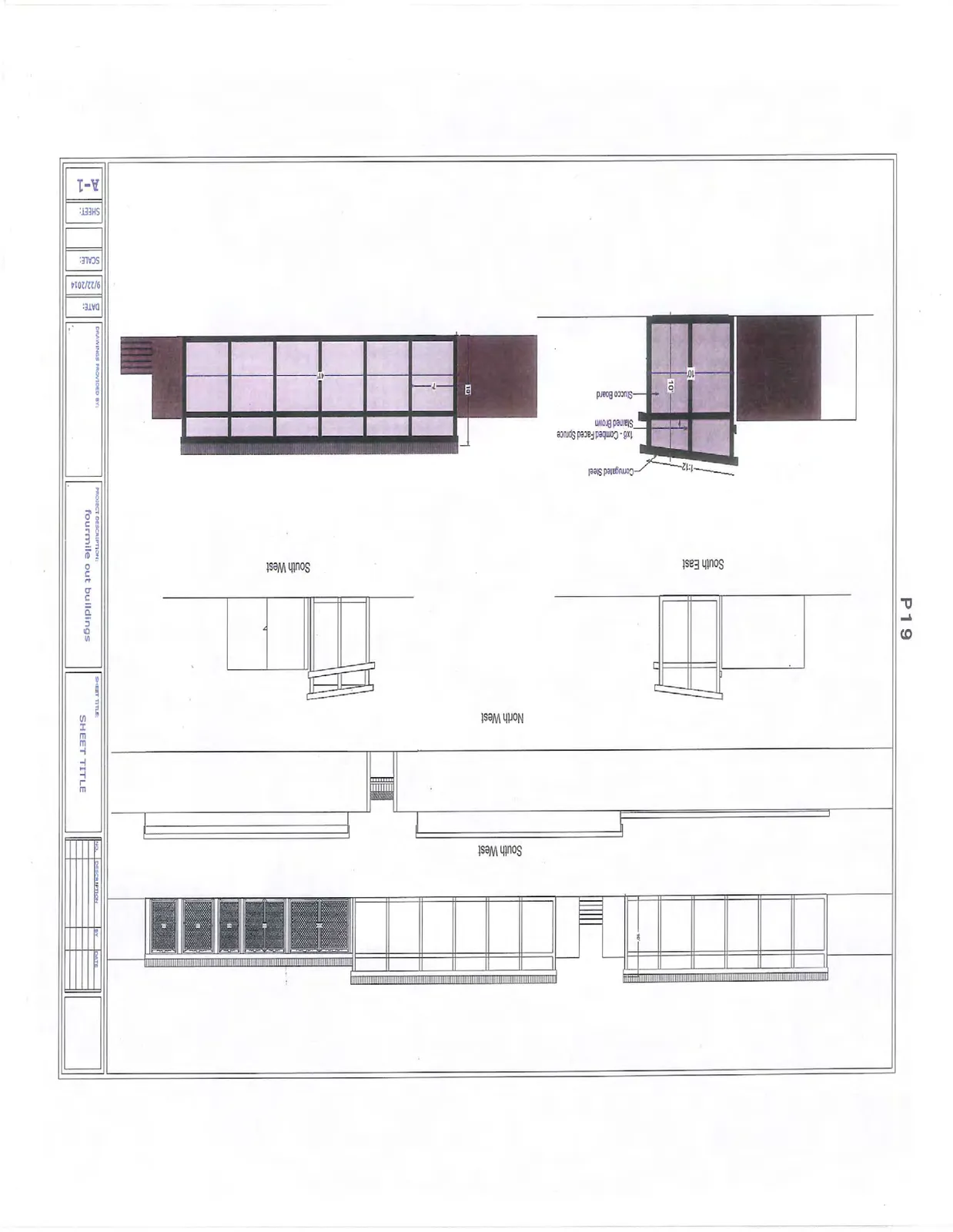 Architectural drawing sheet A-1 titled "fourmile out buildings" featuring various elevations and plan details.
