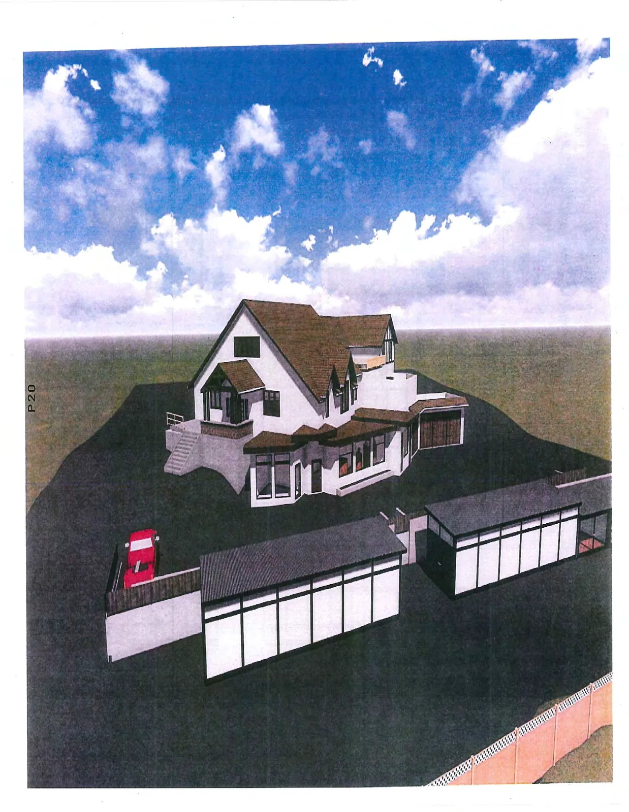 3D perspective rendering of a multi-story house with brown gabled roofs and modern white-and-black ancillary structures, including a red car parked on the property.