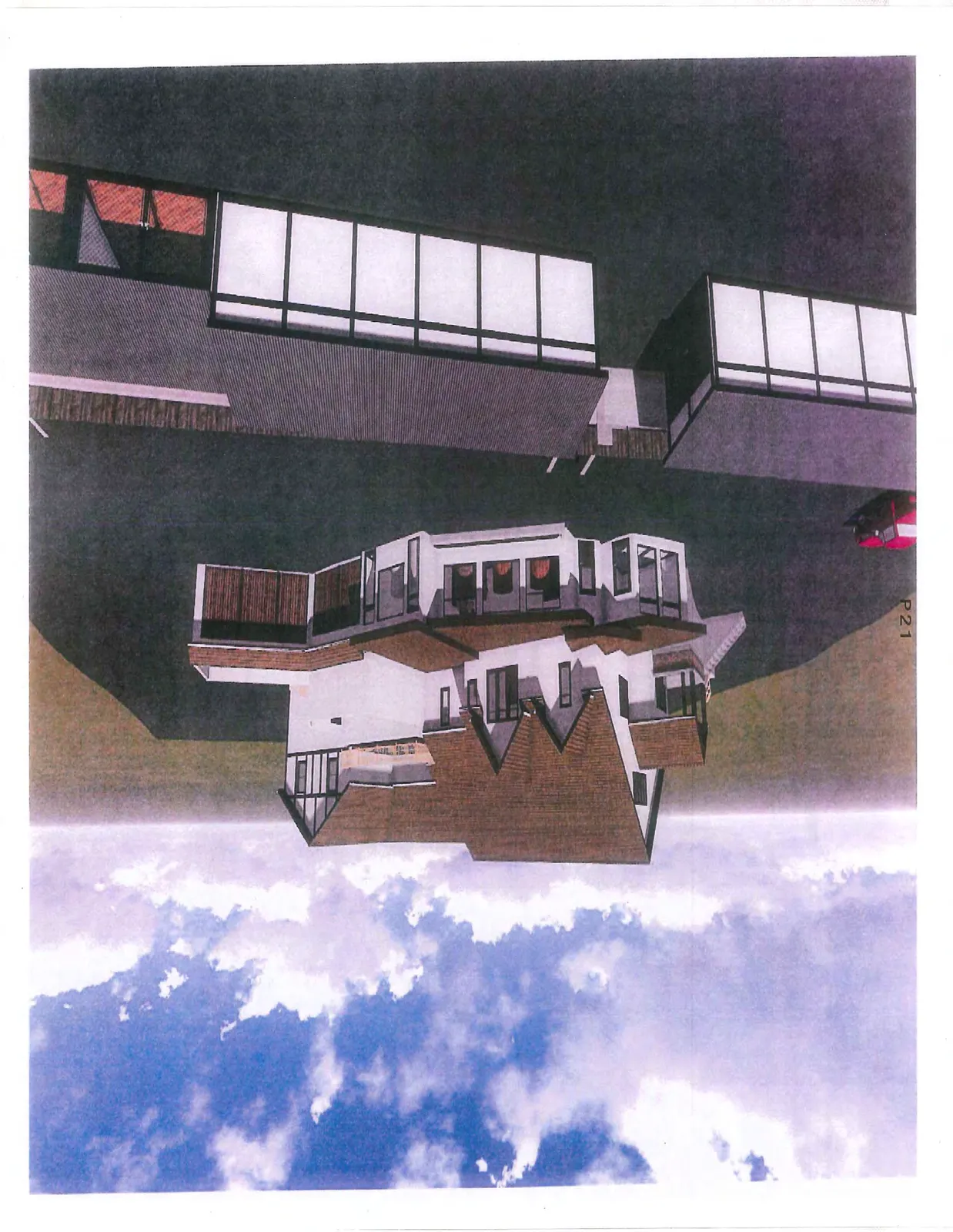 Elevated 3D perspective rendering of the residence and adjacent modern structures from an alternate angle.
