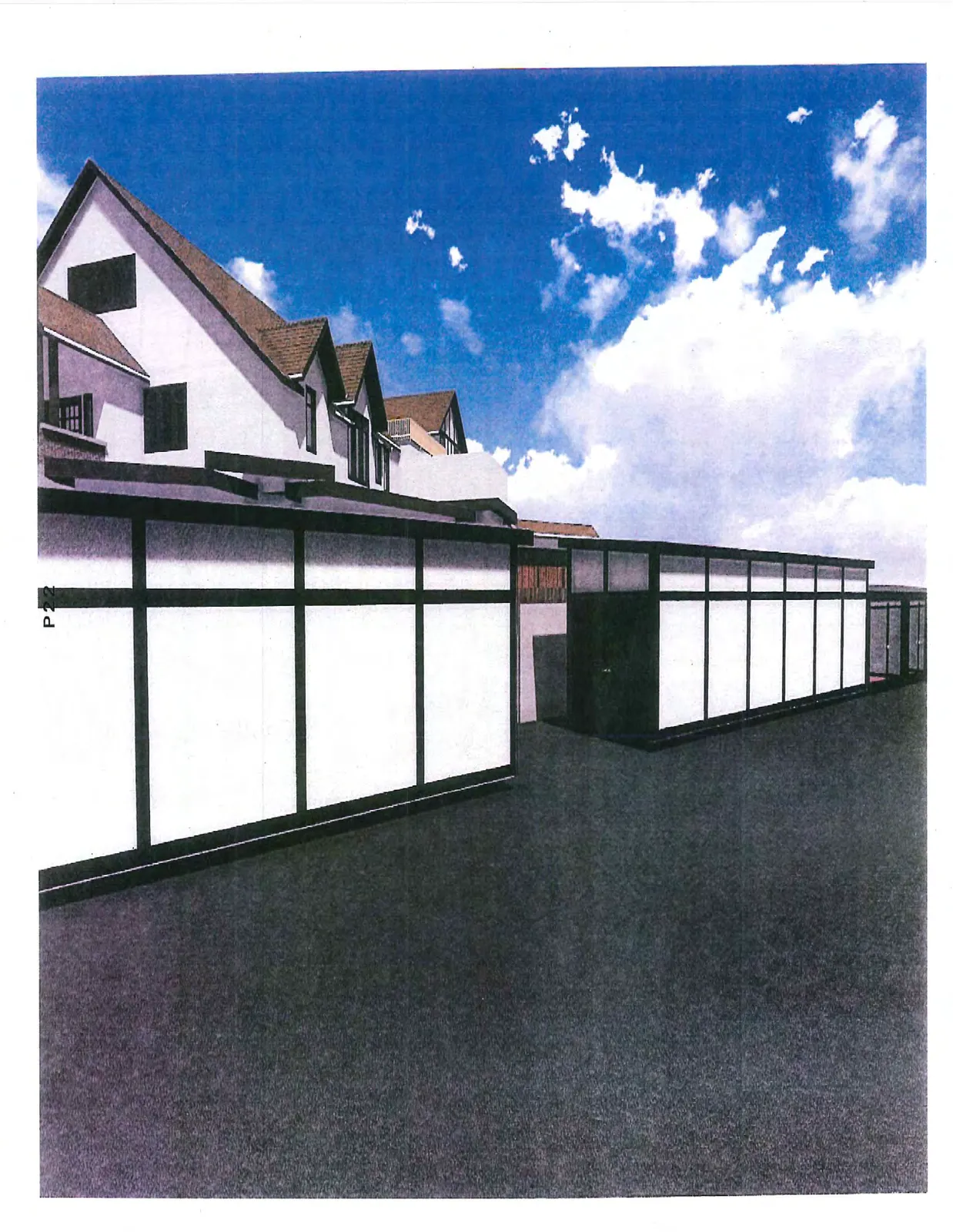 Ground-level 3D perspective rendering looking along the exterior of the modern structures towards the main house.