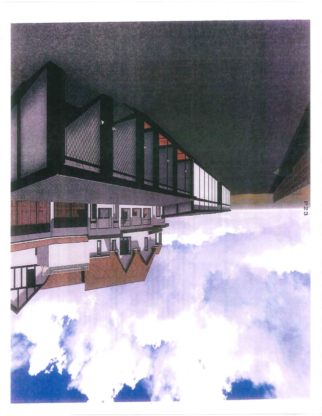 Perspective 3D rendering showing a close-up view of the modern structures with the main house in the background.