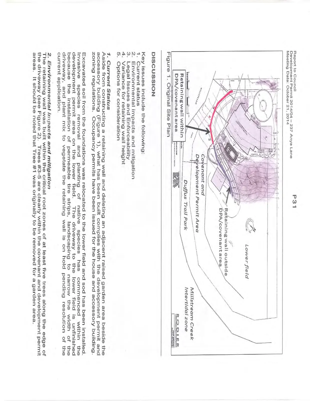 Figure 1. Original Site Plan showing the retaining wall within and outside the DPA/covenant area, the lower field, and proximity to Millstream Creek and Duffus Trail Park