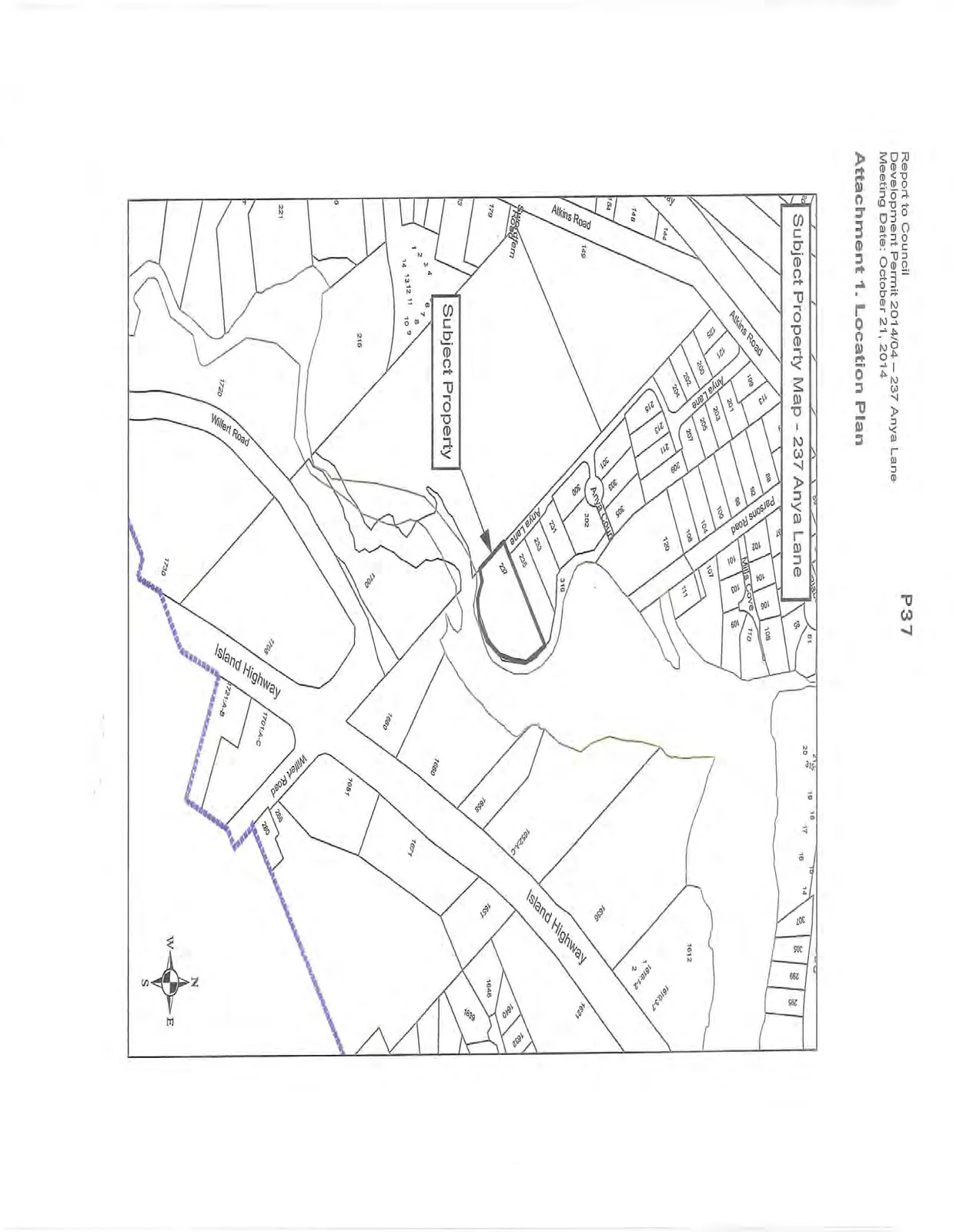 Subject Property Map for 237 Anya Lane, illustrating the property's location relative to surrounding streets including Anya Lane, Atkins Road, Parsons Road, Mills Cove, Anya Court, Island Highway, and Wilfert Road.